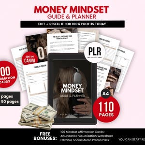 Puede incluir: Imagen promocional de una "Money Mindset Guide & Planner". Muestra una tableta con la guía, documentos y dinero en efectivo. Un círculo rojo indica "100 Affirmation Cards". El texto incluye "Edit + Resell" y "110 páginas" (aproximadamente 29,7 x 21 cm).