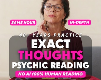May include: A person with dark hair and glasses wearing a maroon top, with text overlays reading SAME HOUR, IN-DEPTH, 40+ YEARS PRACTICE, EXACT THOUGHTS PSYCHIC READING, and NO AI 100% HUMAN READING, with tarot cards and crystals on a red surface.