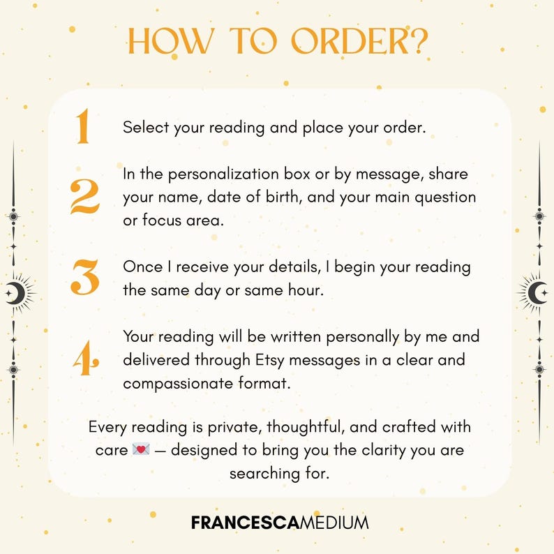 May include: A cream-colored graphic with the text "HOW TO ORDER?" in gold. The image details the steps to order a reading, including providing personal information and receiving the reading via Etsy messages. The text "FRANCESCAMEDIUM" is at the bottom.