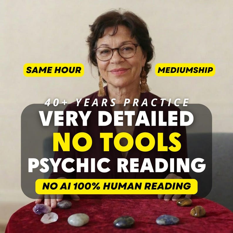 May include: A person with dark hair and glasses wearing a dark maroon top, positioned behind a red velvet surface with several smooth, polished stones. Text overlays read: SAME HOUR, MEDIUMSHIP, 40+ YEARS PRACTICE, VERY DETAILED NO TOOLS PSYCHIC READING, NO AI 100% HUMAN READING.