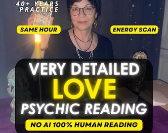 May include: A person wearing glasses and a dark head covering holds a tarot card near a lit yellow candle. Text overlays include 40+ YEARS PRACTICE, SAME HOUR, ENERGY SCAN, VERY DETAILED LOVE PSYCHIC READING, and NO AI 100% HUMAN READING.