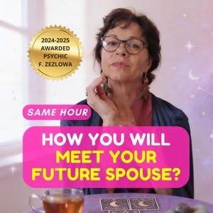 Op de afbeelding: Afbeelding van een vrouw met een bril, met de tekst "2024-2025 AWARDED PSYCHIC F. ZEZLOWA" en "SAME HOUR HOW YOU WILL MEET YOUR FUTURE SPOUSE?". Een kopje thee en tarotkaarten liggen op een tafel.