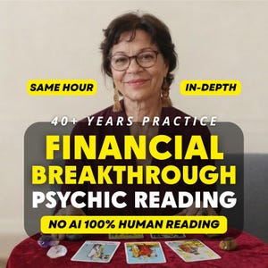 May include: A person with dark hair and glasses wearing a dark maroon top, positioned behind a table with three tarot cards and crystals. Text overlays read: SAME HOUR, IN-DEPTH, 40+ YEARS PRACTICE, FINANCIAL BREAKTHROUGH PSYCHIC READING, NO AI 100% HUMAN READING.