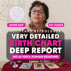 以下が含まれることがあります： 40+ YEARS ASTROLOGER、VERY DETAILED BIRTH CHART DEEP REPORT、SAME DAY、60+ PAGES、NO AI 100% HUMAN READINGというテキストが記載された出生図レポート。画像には円形の占星術ホイールのグラフィックとタロットカードが含まれています。