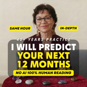 Könnte beinhalten: Eine Person mit dunklem Haar und Brille trägt goldene Quastenohrringe. Text: SAME HOUR, IN-DEPTH, 40+ YEARS PRACTICE, I WILL PREDICT YOUR NEXT 12 MONTHS, NO AI 100% HUMAN READING. Mehrere glatte, polierte Steine liegen auf einer roten Oberfläche.