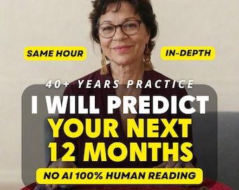May include: A person with dark hair and glasses wearing gold tassel earrings. Text overlays read: SAME HOUR, IN-DEPTH, 40+ YEARS PRACTICE, I WILL PREDICT YOUR NEXT 12 MONTHS, NO AI 100% HUMAN READING. Several smooth polished stones are on a red surface.