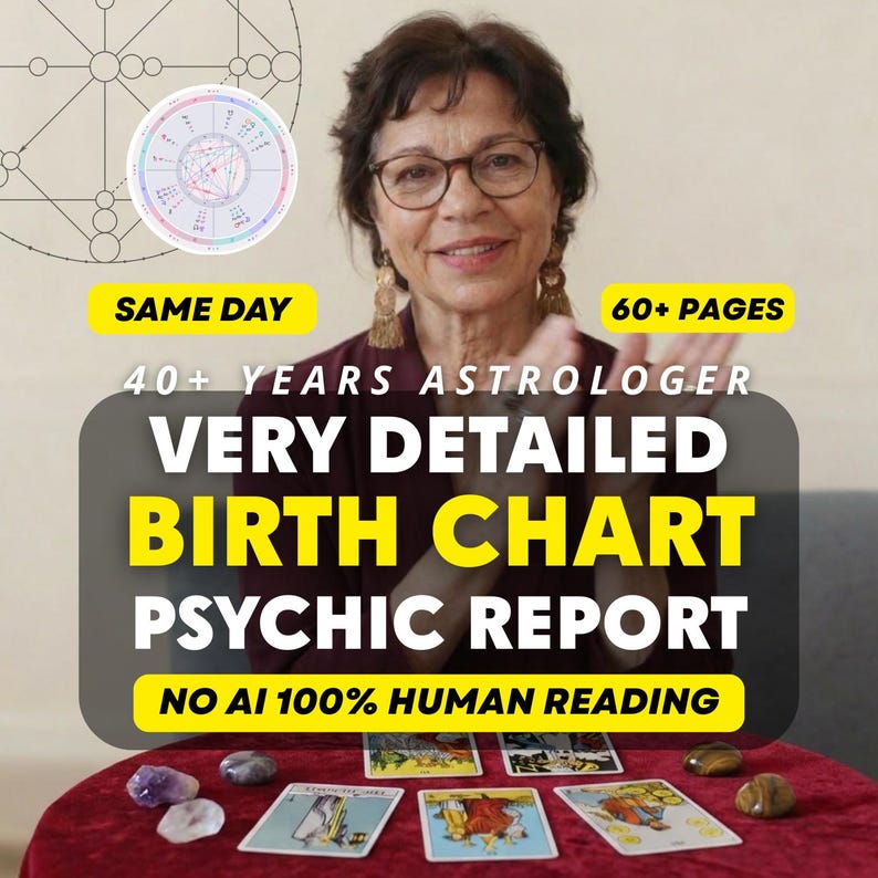 May include: A digital graphic featuring text that reads: SAME DAY, 60+ PAGES, 40+ YEARS ASTROLOGER, VERY DETAILED BIRTH CHART PSYCHIC REPORT, NO AI 100% HUMAN READING. The image includes a circular astrological chart and a collection of tarot cards.