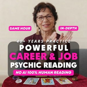 May include: A person with dark hair and glasses wearing gold earrings, with text overlays reading SAME HOUR, IN-DEPTH, 40+ YEARS PRACTICE, POWERFUL CAREER & JOB PSYCHIC READING, and NO AI 100% HUMAN READING, with tarot cards laid out on a red surface.