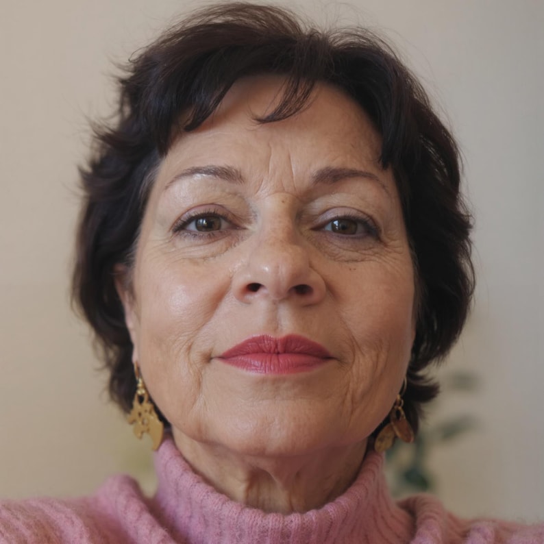 Puede incluir: Una persona con cabello corto casta&ntilde;o oscuro que viste un su&eacute;ter de cuello alto rosa acanalado y aretes colgantes dorados. El individuo tiene una expresi&oacute;n neutral, ojos marrones y l&aacute;piz labial rosa, capturado en un retrato frontal.