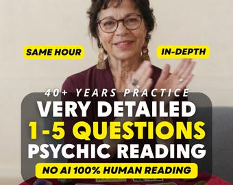 May include: A person with dark hair and glasses wearing gold earrings and a maroon top. Text overlays read: SAME HOUR, IN-DEPTH, 40+ YEARS PRACTICE, VERY DETAILED 1-5 QUESTIONS PSYCHIC READING, NO AI 100% HUMAN READING. Tarot cards are on a red surface.