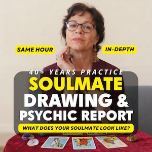 May include: A person with dark hair and glasses sits behind a red table with tarot cards and crystals. Text overlays read: SAME HOUR, IN-DEPTH, 40+ YEARS PRACTICE, SOULMATE DRAWING & PSYCHIC REPORT, WHAT DOES YOUR SOULMATE LOOK LIKE?