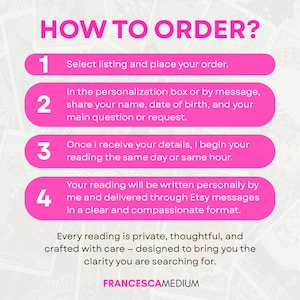 May include: An instructional graphic with a bright pink header reading HOW TO ORDER? followed by four numbered steps in pink rounded rectangles. The text outlines the process for submitting personal details for a reading by FRANCESCAMEDIUM.