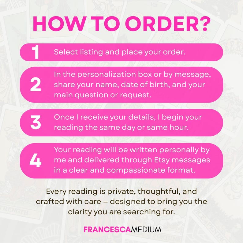 May include: An instructional graphic with a bright pink header reading HOW TO ORDER? followed by four numbered steps in pink rounded rectangles. The text outlines the process for submitting personal details for a reading by FRANCESCAMEDIUM.