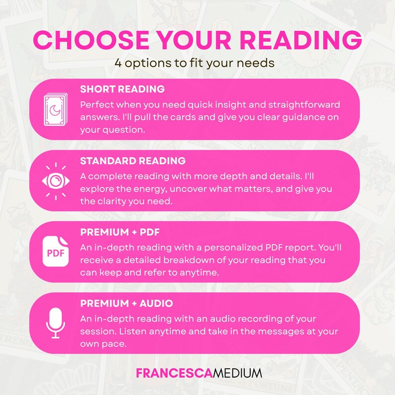 May include: A pink and white informational graphic titled CHOOSE YOUR READING with 4 options: SHORT READING, STANDARD READING, PREMIUM + PDF, and PREMIUM + AUDIO. Each section includes a descriptive icon and text explaining the service by FRANCESCAMEDIUM.