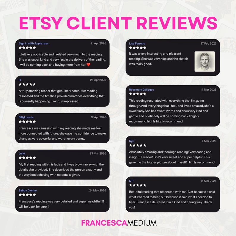 May include: A graphic display titled ETSY CLIENT REVIEWS featuring eight black rectangular customer feedback boxes with five-star ratings, dates, and text testimonials about psychic readings, positioned above the name FRANCESCAMEDIUM in pink text.