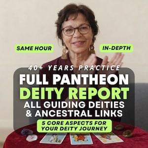 May include: A person wearing glasses and gold earrings sits behind a red table with three tarot cards and two stones. Text overlays read: SAME HOUR, IN-DEPTH, 40+ YEARS PRACTICE, FULL PANTHEON DEITY REPORT, ALL GUIDING DEITIES & ANCESTRAL LINKS, 5 CORE ASPECTS.