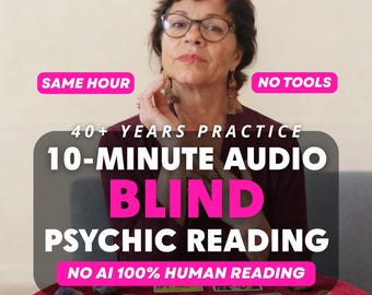 Puede incluir: Una persona con cabello oscuro y gafas con una blusa granate. Texto superpuesto: SAME HOUR, NO TOOLS, 40+ YEARS PRACTICE, 10-MINUTE AUDIO BLIND PSYCHIC READING, NO AI 100% HUMAN READING. Tres cartas de tarot y varios cristales sobre un paño rojo.