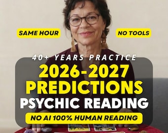 Puede incluir: Una persona con gafas y pendientes largos sentada ante una mesa roja con cartas del tarot y cristales. El texto dice: SAME HOUR, NO TOOLS, 40+ YEARS PRACTICE, 2026-2027 PREDICTIONS PSYCHIC READING, NO AI 100% HUMAN READING.