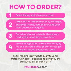 May include: An instructional graphic with a bright pink header reading HOW TO ORDER? followed by four numbered steps in pink rounded rectangles. The text outlines the process for submitting personal details for a reading by FRANCESCAMEDIUM.