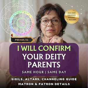 May include: An image featuring a woman with glasses, with text overlayed. The text reads "I WILL CONFIRM YOUR DEITY PARENTS" and "SAME HOUR | SAME DAY". A gold seal reads "2024-2025 AWARDED PSYCHIC F. ZEZLOWA". Additional text includes "SIGILS, ALTARS, CHANNELING GUIDE MATRON & PATRON DETAILS".