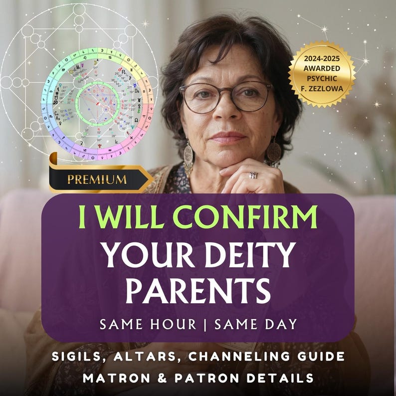 May include: An image featuring a woman with glasses, with text overlayed. The text reads "I WILL CONFIRM YOUR DEITY PARENTS" and "SAME HOUR | SAME DAY". A gold seal reads "2024-2025 AWARDED PSYCHIC F. ZEZLOWA". Additional text includes "SIGILS, ALTARS, CHANNELING GUIDE MATRON & PATRON DETAILS".