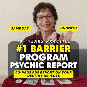 Puede incluir: Un anuncio de servicio de informe psíquico digital con el texto SAME DAY, IN-DEPTH, 40+ YEARS PRACTICE, #1 BARRIER PROGRAM PSYCHIC REPORT y 40-PAGE PDF REPORT ON YOUR DESTINY ASPECTS, mostrado sobre una persona con cartas de tarot.