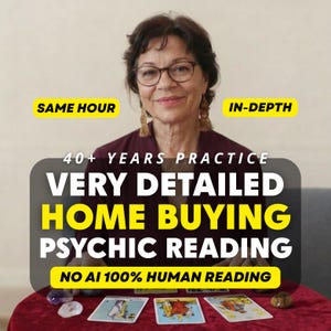 May include: A person with dark hair and glasses wearing a maroon top, positioned behind a table with three tarot cards and crystals. Text overlays read: SAME HOUR, IN-DEPTH, 40+ YEARS PRACTICE, VERY DETAILED HOME BUYING PSYCHIC READING, NO AI 100% HUMAN READING.