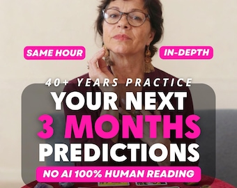 Puede incluir: Una persona de cabello oscuro con gafas y una blusa color granate, con textos SAME HOUR, IN-DEPTH, 40+ YEARS PRACTICE, YOUR NEXT 3 MONTHS PREDICTIONS, NO AI 100% HUMAN READING. Tres cartas de tarot y varios cristales sobre una superficie roja.