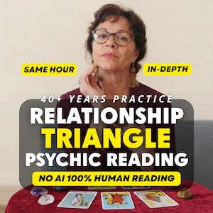 May include: A person with dark hair and glasses wearing a dark top, positioned behind a table with three tarot cards and several crystals. Text overlays read: SAME HOUR, IN-DEPTH, 40+ YEARS PRACTICE, RELATIONSHIP TRIANGLE PSYCHIC READING, NO AI 100% HUMAN READING.