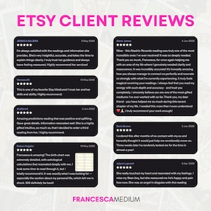 May include: A collection of Etsy client reviews displayed in black text boxes against a light background. The graphic features the title ETSY CLIENT REVIEWS and the name FRANCESCAMEDIUM at the bottom, showcasing multiple five-star testimonials.