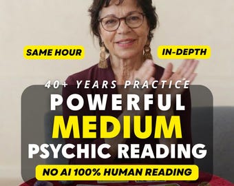 May include: A person with dark hair and glasses wearing a maroon top, with text overlays stating: SAME HOUR, IN-DEPTH, 40+ YEARS PRACTICE, POWERFUL MEDIUM PSYCHIC READING, NO AI 100% HUMAN READING. Three tarot cards are laid out on a red surface.