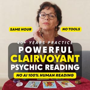 May include: A person with dark hair and glasses wearing a dark red top, positioned behind a table with three tarot cards and several small stones. Text overlays include SAME HOUR, NO TOOLS, 40+ YEARS PRACTICE, POWERFUL CLAIRVOYANT PSYCHIC READING, NO AI 100% HUMAN READING.