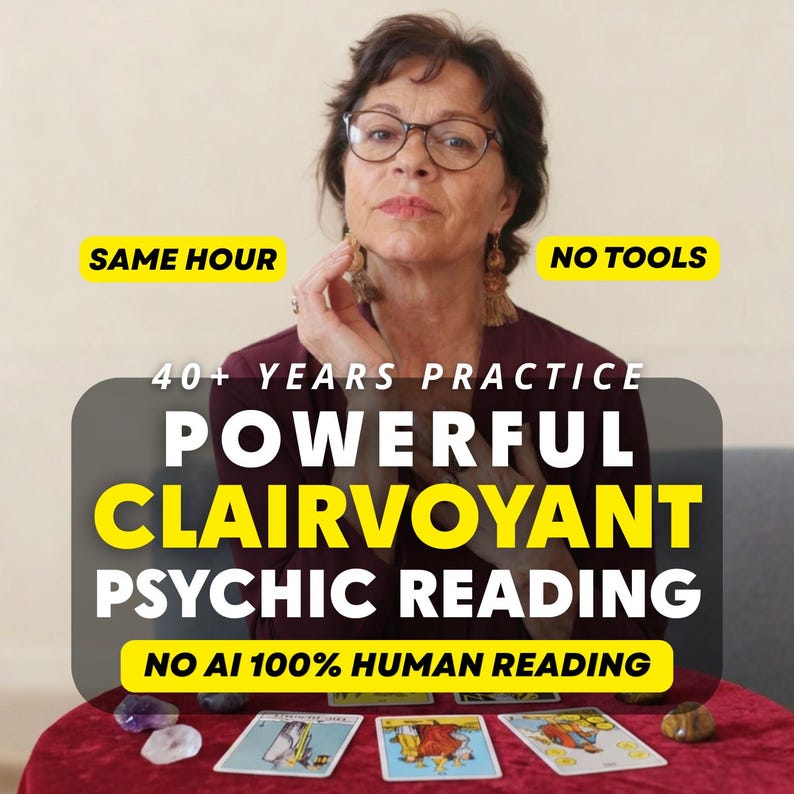 May include: A person with dark hair and glasses wearing a dark red top, positioned behind a table with three tarot cards and several small stones. Text overlays include SAME HOUR, NO TOOLS, 40+ YEARS PRACTICE, POWERFUL CLAIRVOYANT PSYCHIC READING, NO AI 100% HUMAN READING.