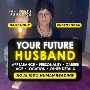 May include: A person wearing glasses and a dark head covering holds a tarot card near a lit candle. Text overlays include 40+ YEARS PRACTICE, SAME HOUR, ENERGY SCAN, YOUR FUTURE HUSBAND, APPEARANCE, PERSONALITY, CAREER, AGE, LOCATION, OTHER DETAILS, NO AI 100% HUMAN READING.