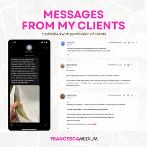 May include: A digital collage titled MESSAGES FROM MY CLIENTS featuring a smartphone screen displaying a text message about unexpected money and an envelope of cash, alongside three email testimonials praising accurate predictions and guidance.