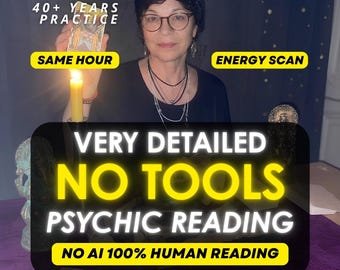 May include: A person wearing glasses and a dark head covering holds a tarot card near a lit yellow candle. Text overlays read 40+ YEARS PRACTICE, SAME HOUR, ENERGY SCAN, VERY DETAILED NO TOOLS PSYCHIC READING, and NO AI 100% HUMAN READING.