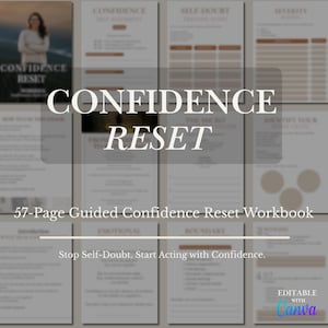 Op de afbeelding: Een 57 pagina's tellend geleid werkboek met de titel "Confidence Reset" met een afbeelding van een vrouw op de omslag. De titel staat in grote witte letters. De pagina's van het werkboek zijn beige met bruine tekst en afbeeldingen. De tekst "Stop Self-Doubt. Start Acting with Confidence" is ook opgenomen.