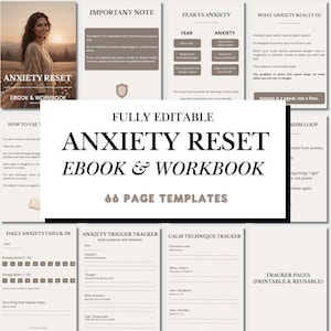 May include: An "Anxiety Reset" ebook and workbook with 66 page templates. The cover features a woman in a beige dress with the title and subtitle. The workbook includes daily check-in, trigger tracker, and calm technique tracker pages.