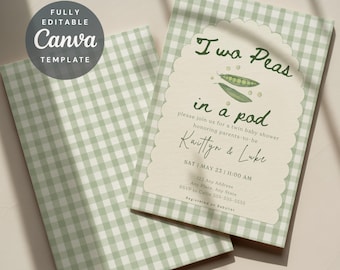 Twin Baby Shower Invitation | Two Peas in a Pod Invite | Editable Canva Template, Green Gingham Baby Shower, Boy Girl Twin Invite