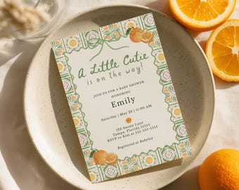 Citrus Orange Baby Shower Invitation Template, A Little Cutie Theme, Summer Baby Shower Invite, Mediterranean Amalfi Style, Editable Canva