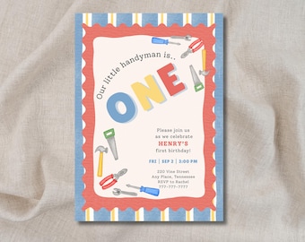 Handyman First Birthday Invitation, Construction ONE Party Template (Editable Canva)