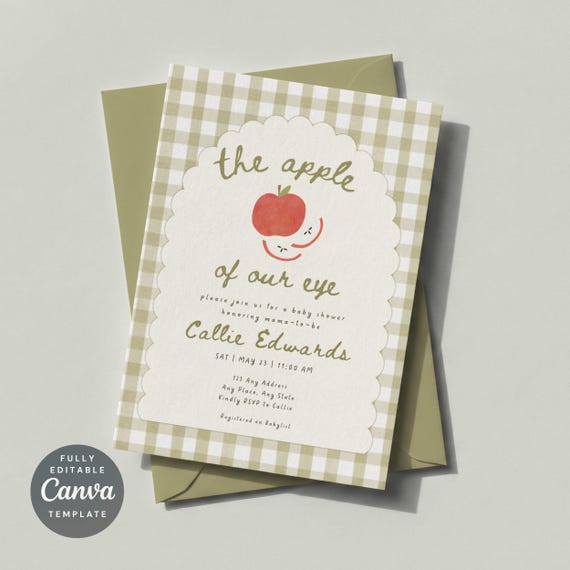 Apple of Our Eye Baby Shower Invitation, Editable Green Gingham Apple Invite, Pastel Apple Baby Shower Template
