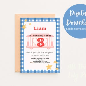 May include: A birthday invitation with a blue gingham border and a light pink trolley illustration. The invitation reads "Liam is turning three" with the number 3 in red. Includes event details and RSVP information.