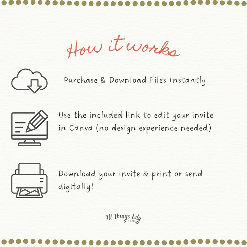 May include: An instructional graphic titled How it works with three black line icons. The first shows a cloud with a downward arrow, the second a computer screen with a pencil, and the third a printer. Text explains the digital download process.