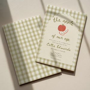 Apple of Our Eye Baby Shower Invitation, Editable Green Gingham Apple Invite, Pastel Apple Baby Shower Template image 3