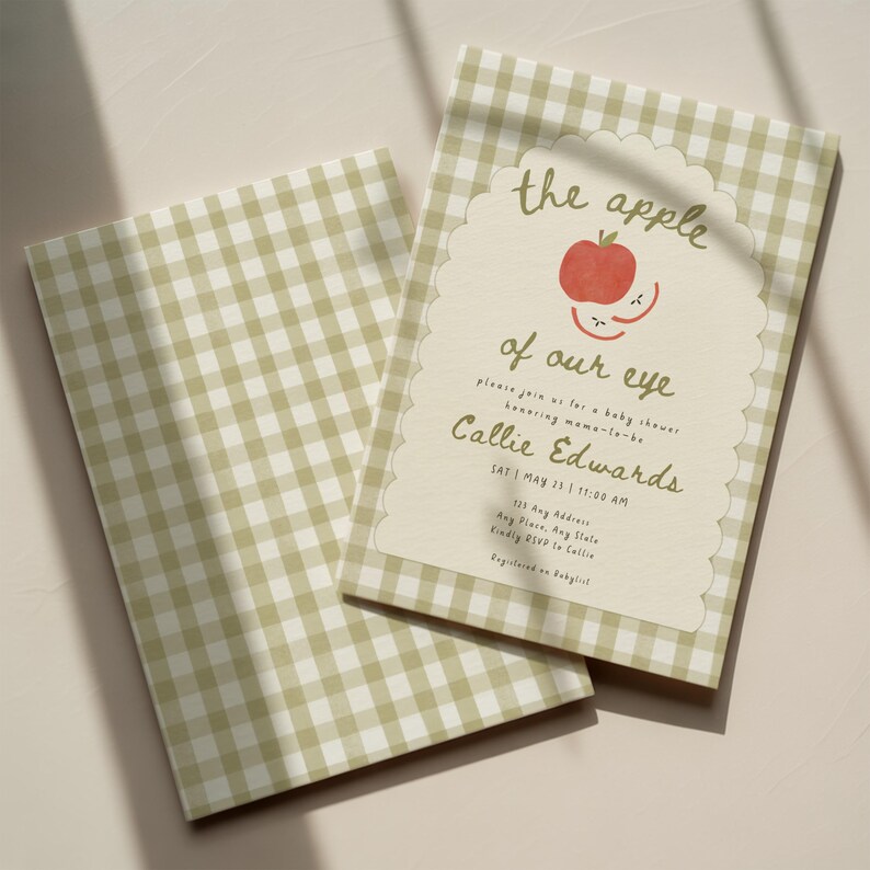 Apple of Our Eye Baby Shower Invitation, Editable Green Gingham Apple Invite, Pastel Apple Baby Shower Template image 3