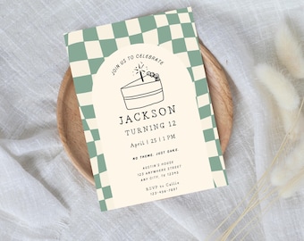Sage Green Checker Birthday Invitation, Teen Boy Invite, No Theme Cake (Digital Download)