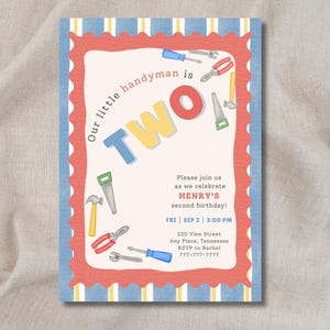 Handyman Birthday Invitation, Toolbox Bday Invite, Construction Party, Toddler Boy Party