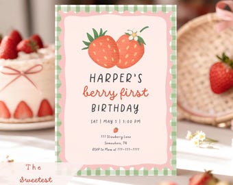 Convite de Aniversário com Tema de Morango para a Primeira Festa, Modelo Editável no Canva, Festa de Um Ano, Download Imediato
