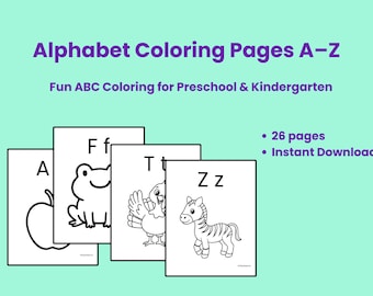 Páginas para colorear del alfabeto para niños / Libro para colorear de letras de la A a la Z / Hojas de trabajo del abecedario para preescolar y jardín de infantes